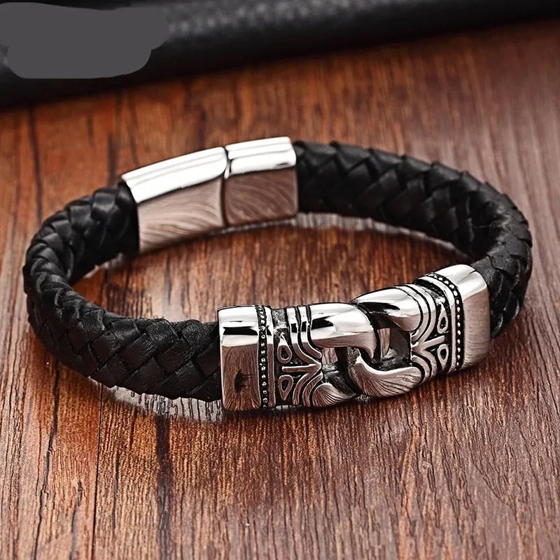 Bracelet cuir tressé homme acier inoxydable